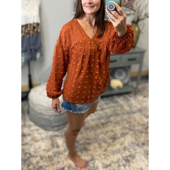 Swiss Dot Long Bubble Sleeve V-Neck Floaty Top Rust 3521 - Picture 4 of 9